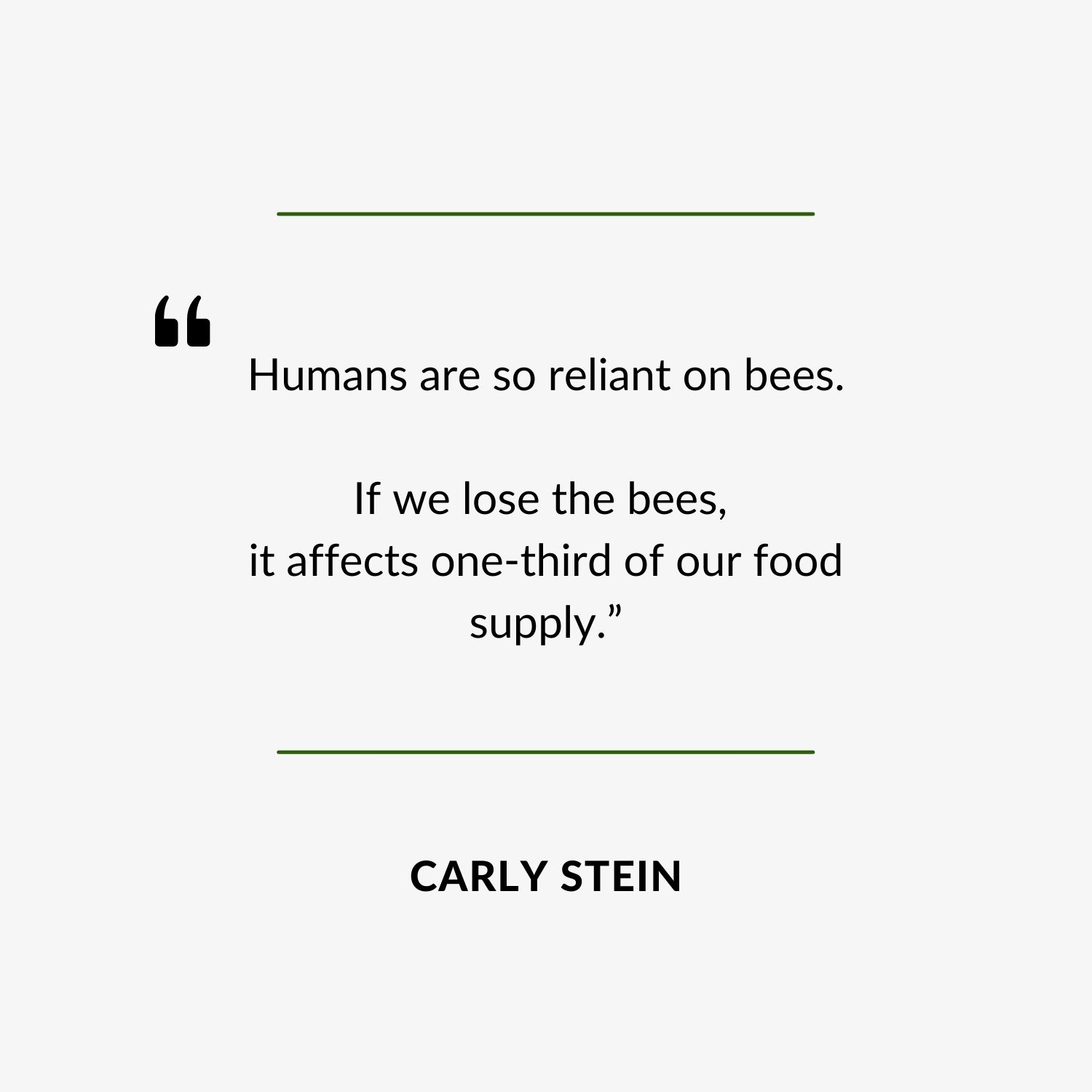 Quote - “Humans are so reliant on bees. If we lose the bees, it affects one-third of our food supply.”
